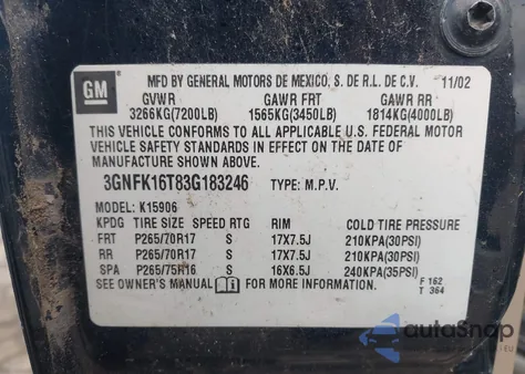 2003 Chevrolet Suburban 1500 Z71 из США, поврежденный, VIN 3GNFK16T83G183246